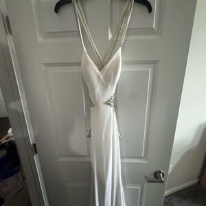 Backless White Evening Gown with Beaded Straps